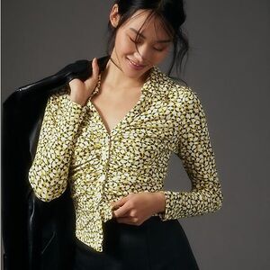 Maeve by Anthropologie Ruched Abstract Print Button Front Knit Top - XS